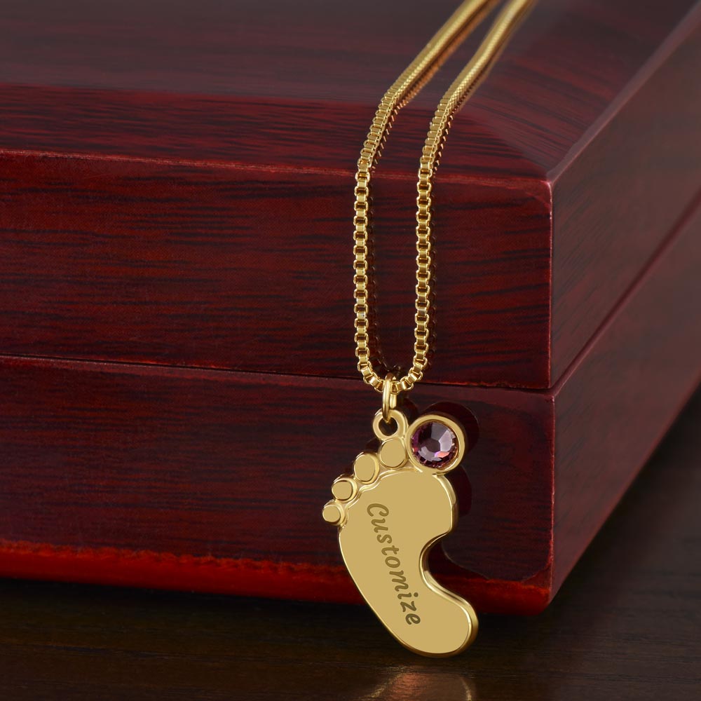 ENGRAVED BABY FEET WITH NAME AND BIRTHSTONE, NECKLACE GIFT FOR MOM WITH KIDS NAME, WITH MESSAGE CARD, BIRTHDAY/MOTHER'S DAY GIFT FOR MOM, FROM DAUGHTER
