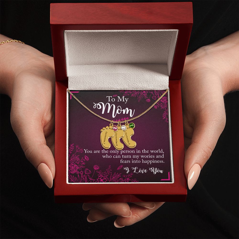 ENGRAVED BABY FEET WITH NAME AND BIRTHSTONE, NECKLACE GIFT FOR MOM WITH KIDS NAME, WITH MESSAGE CARD, BIRTHDAY/MOTHER'S DAY GIFT FOR MOM, FROM SON/DAUGHTER
