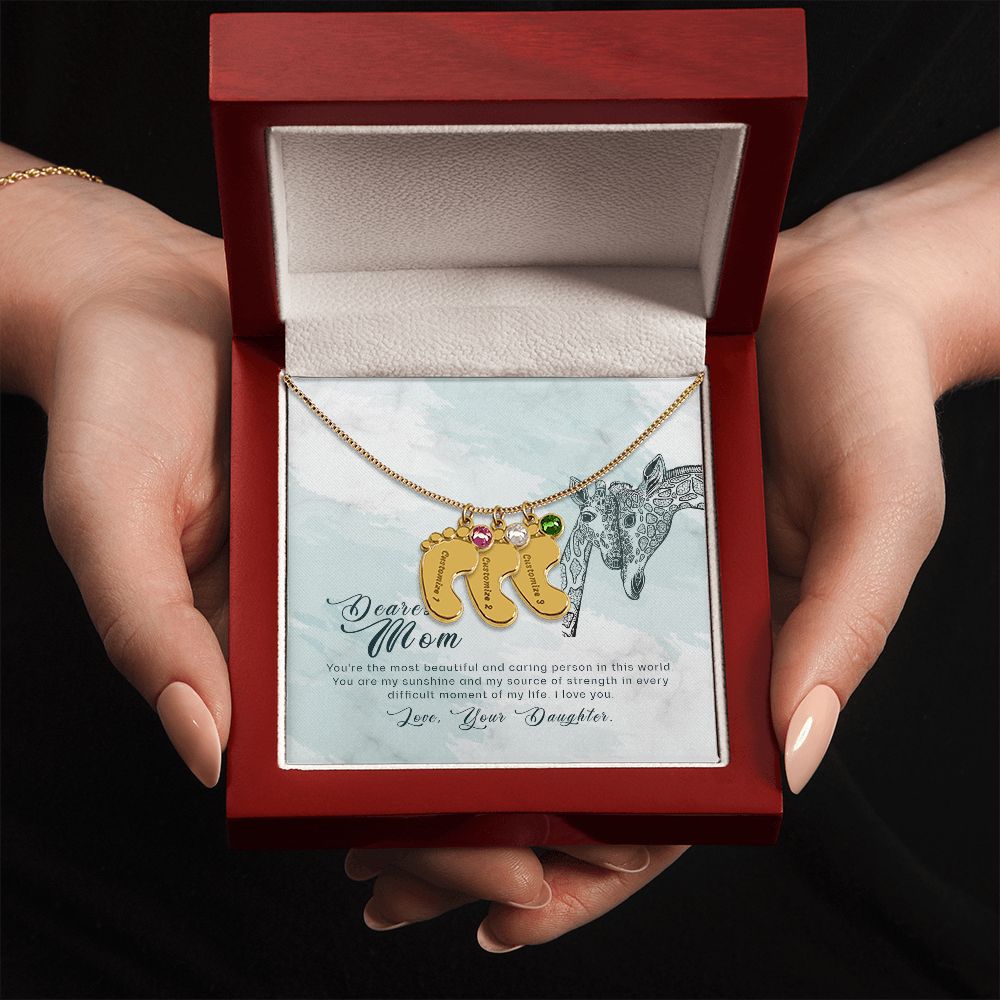 ENGRAVED BABY FEET WITH NAME AND BIRTHSTONE, NECKLACE GIFT FOR MOM WITH KIDS NAME, WITH MESSAGE CARD, BIRTHDAY/MOTHER'S DAY GIFT FOR MOM, FROM DAUGHTER