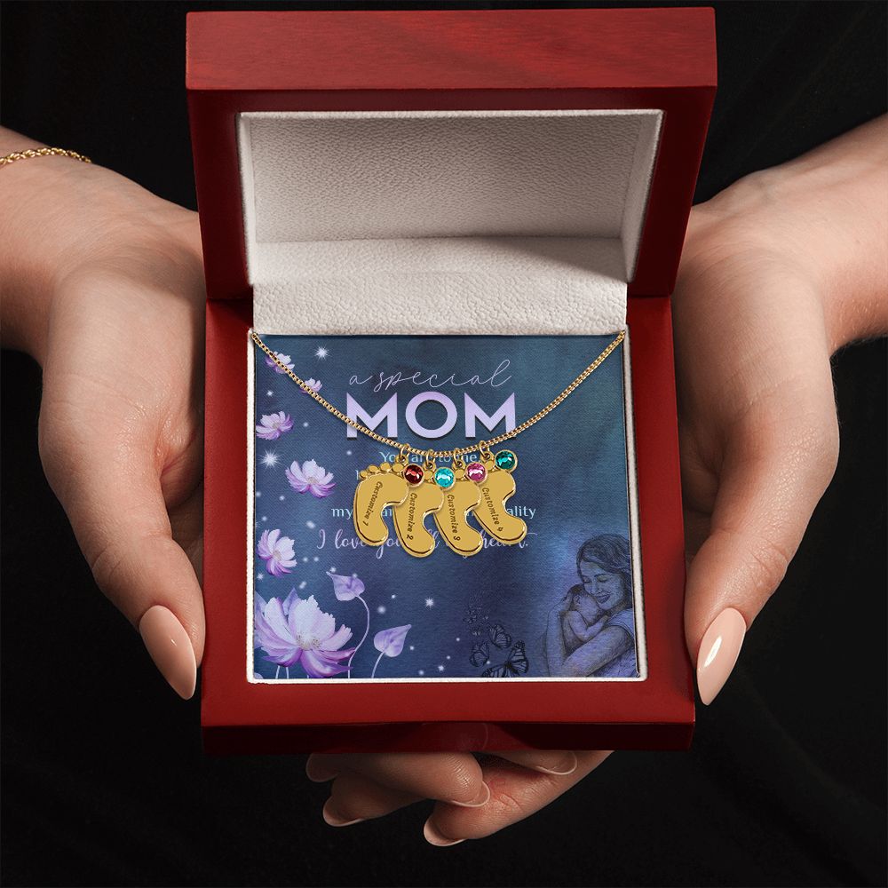 ENGRAVED BABY FEET WITH NAME AND BIRTHSTONE, NECKLACE GIFT FOR MOM WITH KIDS NAME, WITH MESSAGE CARD, BIRTHDAY/MOTHER'S DAY GIFT FOR MOM, FROM KIDS