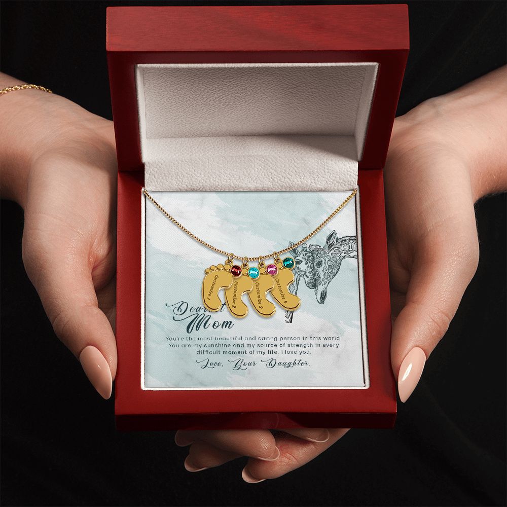 ENGRAVED BABY FEET WITH NAME AND BIRTHSTONE, NECKLACE GIFT FOR MOM WITH KIDS NAME, WITH MESSAGE CARD, BIRTHDAY/MOTHER'S DAY GIFT FOR MOM, FROM DAUGHTER
