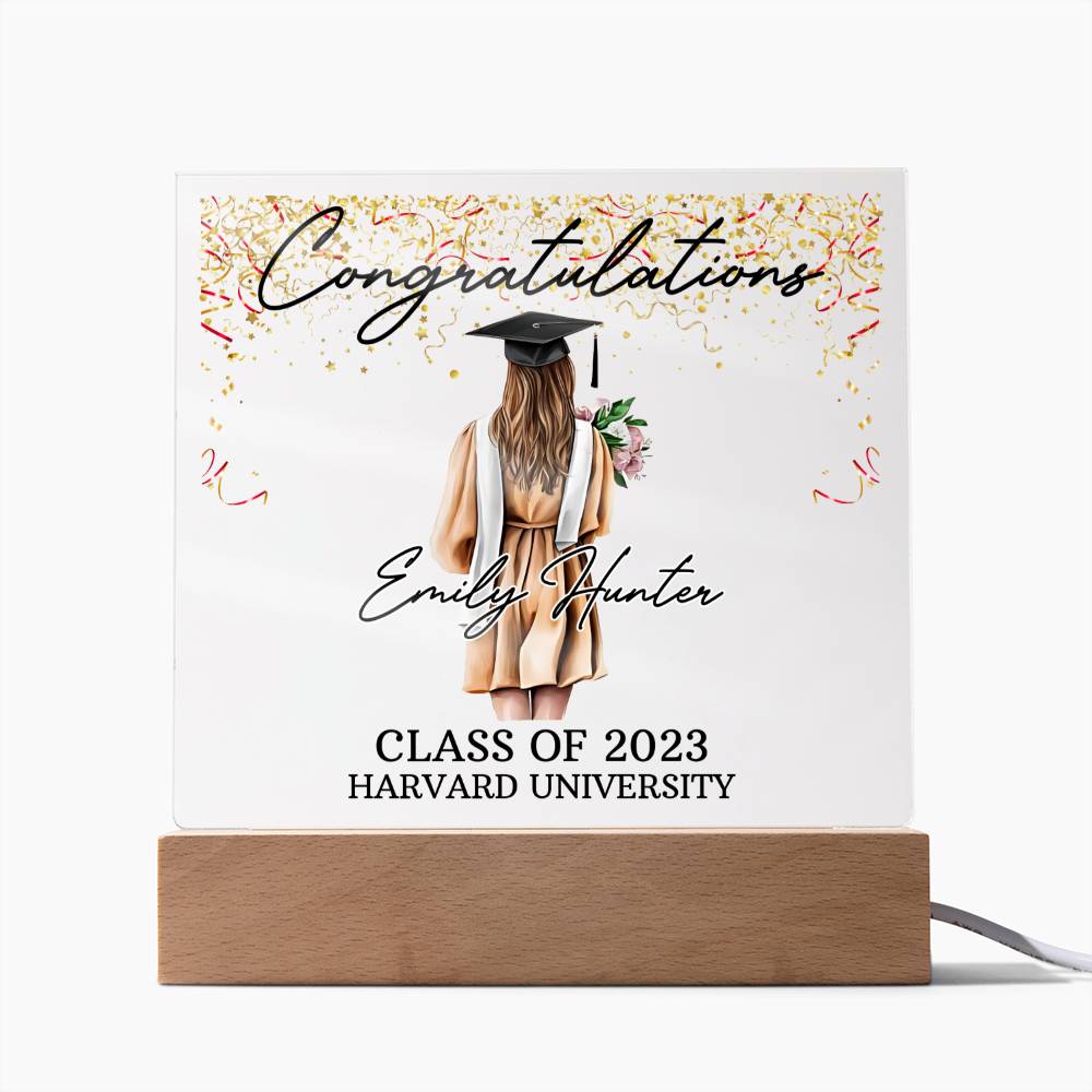 PERSONALIZED ACRYLIC PLAQUE FOR CLASS OF 2023 GRADUATE, PERSONALIZED GIFT FOR HER, ACRYLIC PLAQUE WITH WOODEN LED BASE, GRADUATION DESK DECOR, HARVARD UNIVERSITY COLLEGE GIFT FOR FRIEND