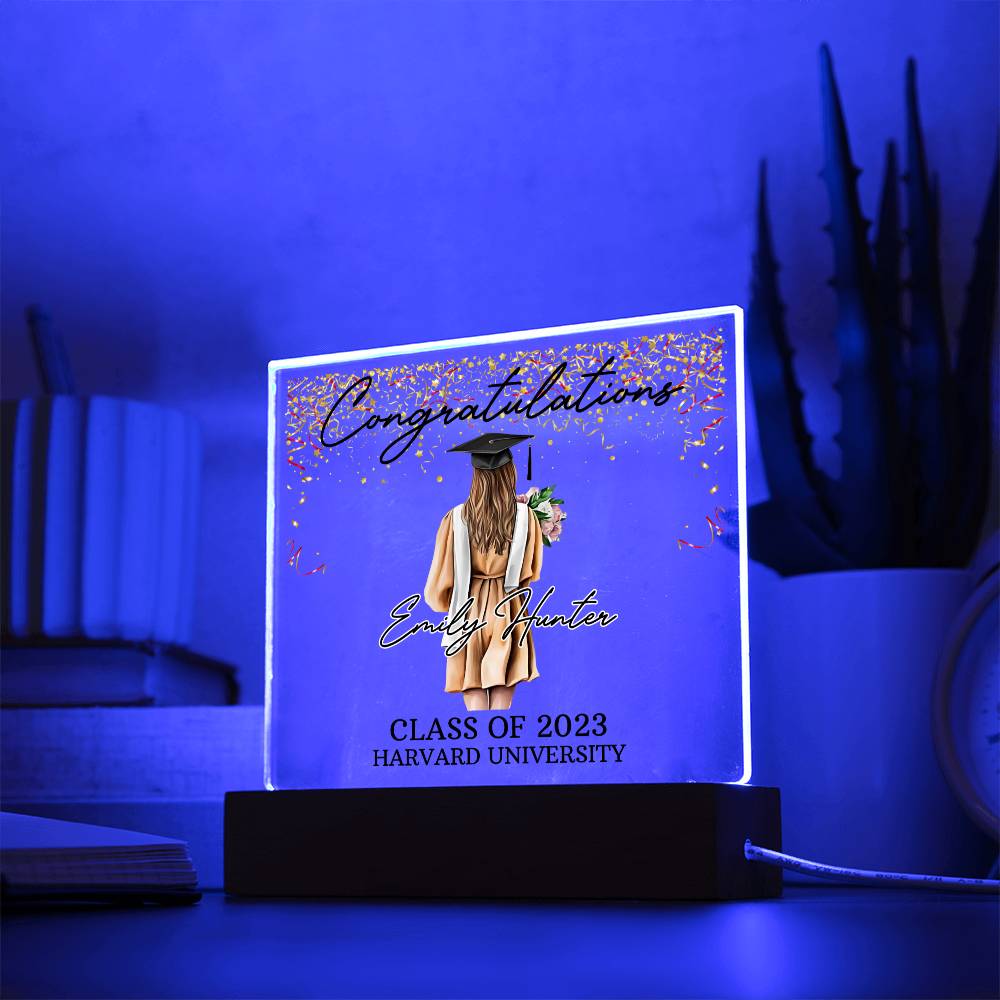 PERSONALIZED ACRYLIC PLAQUE FOR CLASS OF 2023 GRADUATE, PERSONALIZED GIFT FOR HER, ACRYLIC PLAQUE WITH WOODEN LED BASE, GRADUATION DESK DECOR, HARVARD UNIVERSITY COLLEGE GIFT FOR FRIEND