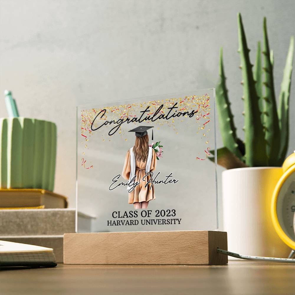 PERSONALIZED ACRYLIC PLAQUE FOR CLASS OF 2023 GRADUATE, PERSONALIZED GIFT FOR HER, ACRYLIC PLAQUE WITH WOODEN LED BASE, GRADUATION DESK DECOR, HARVARD UNIVERSITY COLLEGE GIFT FOR FRIEND