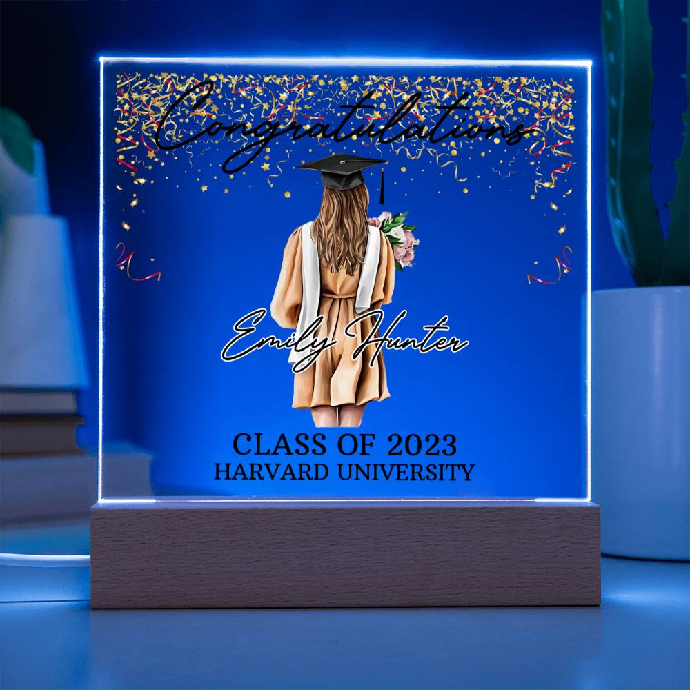 PERSONALIZED ACRYLIC PLAQUE FOR CLASS OF 2023 GRADUATE, PERSONALIZED GIFT FOR HER, ACRYLIC PLAQUE WITH WOODEN LED BASE, GRADUATION DESK DECOR, HARVARD UNIVERSITY COLLEGE GIFT FOR FRIEND