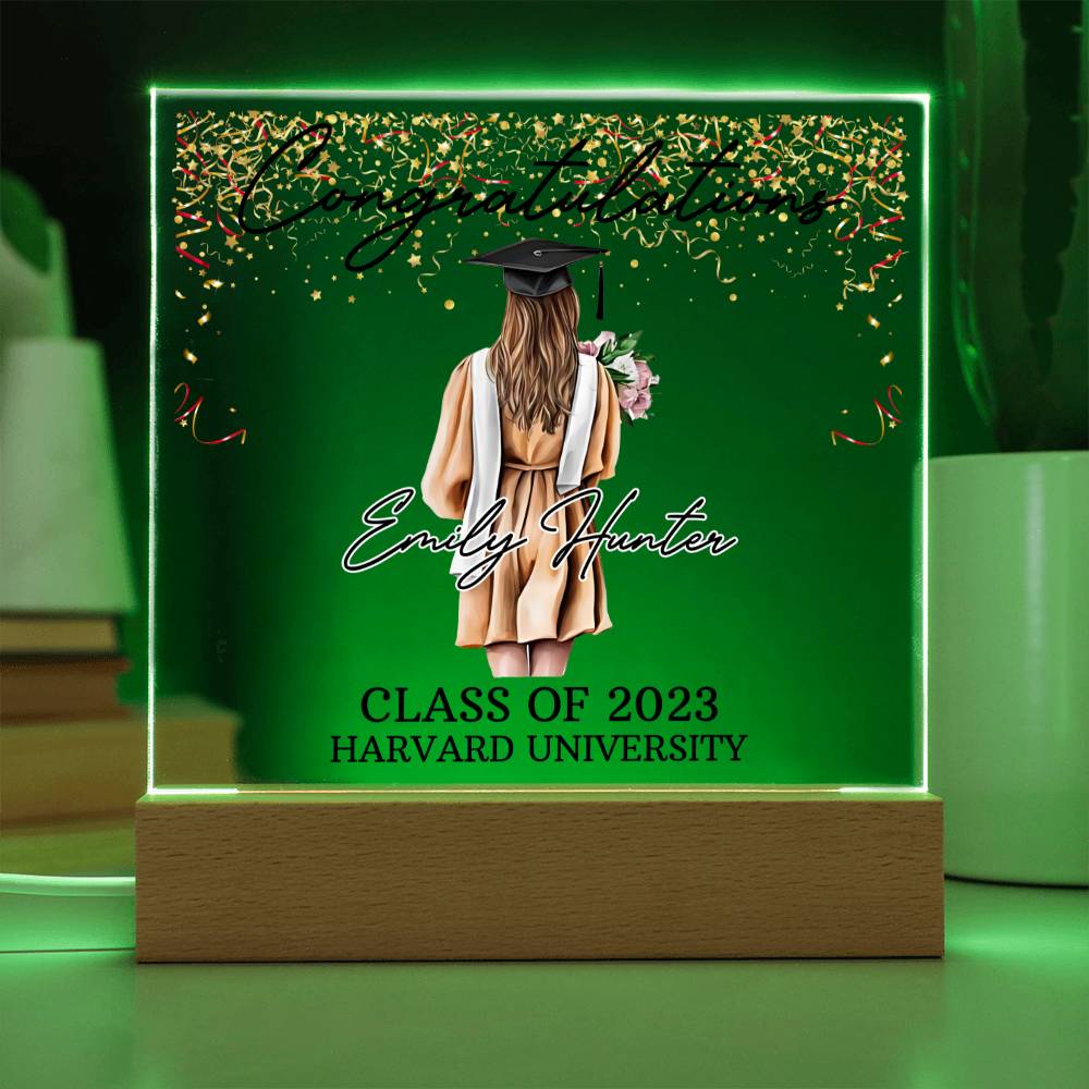 PERSONALIZED ACRYLIC PLAQUE FOR CLASS OF 2023 GRADUATE, PERSONALIZED GIFT FOR HER, ACRYLIC PLAQUE WITH WOODEN LED BASE, GRADUATION DESK DECOR, HARVARD UNIVERSITY COLLEGE GIFT FOR FRIEND