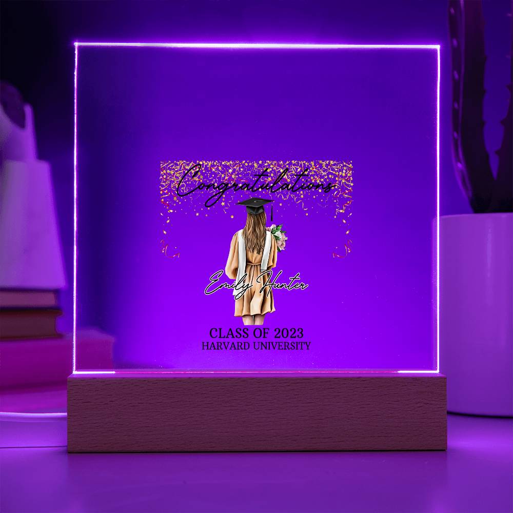 PERSONALIZED ACRYLIC PLAQUE FOR CLASS OF 2023 GRADUATE, PERSONALIZED GIFT FOR HER, ACRYLIC PLAQUE WITH WOODEN LED BASE, GRADUATION DESK DECOR, HARVARD UNIVERSITY COLLEGE GIFT FOR FRIEND