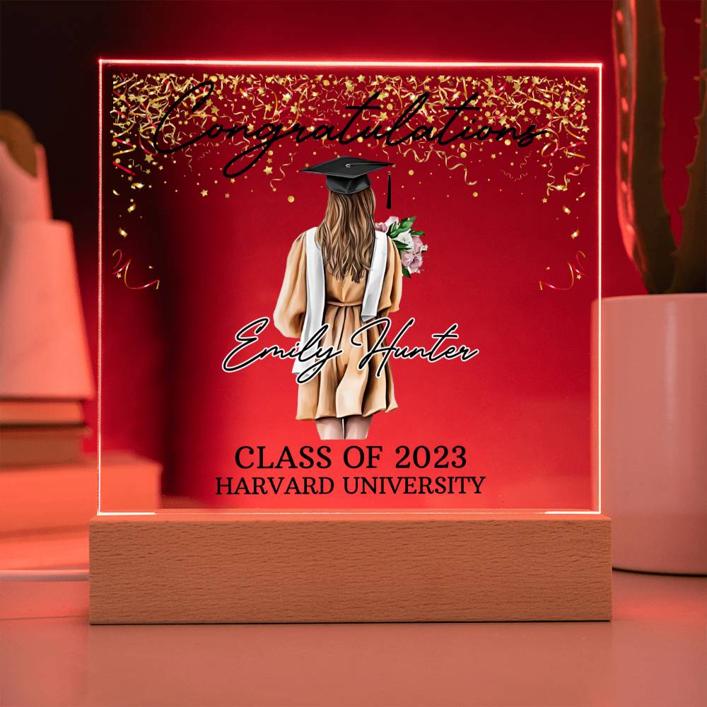 PERSONALIZED ACRYLIC PLAQUE FOR CLASS OF 2023 GRADUATE, PERSONALIZED GIFT FOR HER, ACRYLIC PLAQUE WITH WOODEN LED BASE, GRADUATION DESK DECOR, HARVARD UNIVERSITY COLLEGE GIFT FOR FRIEND