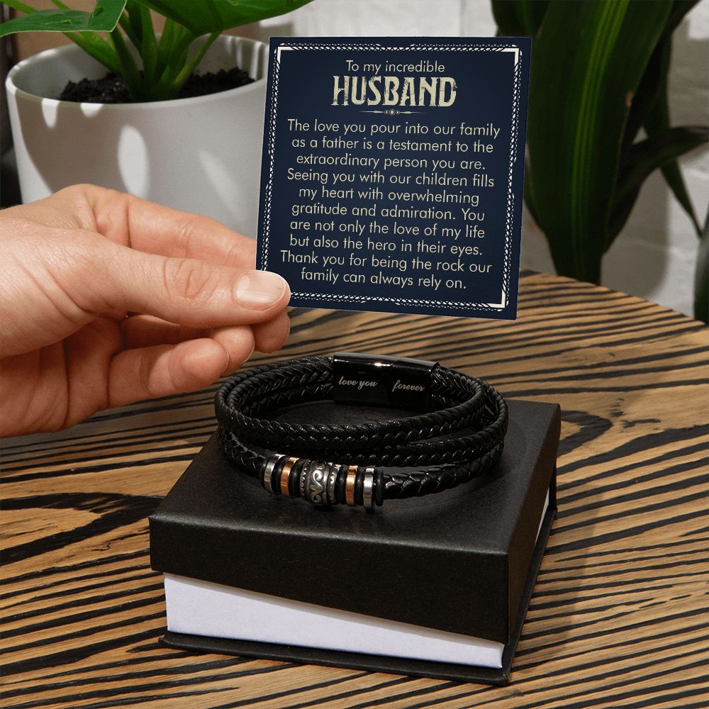 TO MY INCREDIBLE HUSBAND, LOVE YOU FOREVER MEN'S BRACELET FOR HUSBAND, BIRTHDAY/ANNIVERSARY GIFT FOR HIM, BRACELET WITH ENGRAVED MESSAGE AND MESSAGE CARD FOR YOUR HUSBAND