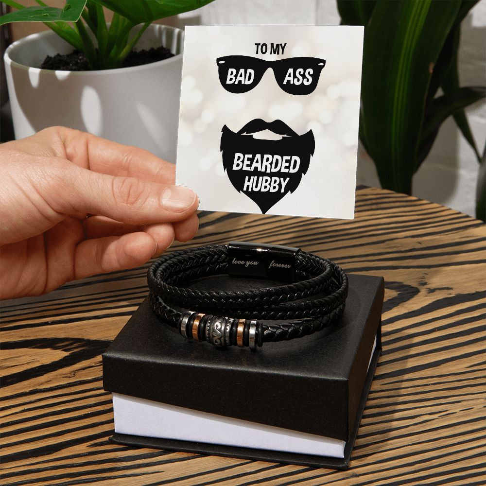 TO MY BADASS BEARDED HUBBY, LOVE YOU FOREVER MEN'S BRACELET FOR HUSBAND, BIRTHDAY/ANNIVERSARY GIFT FOR HIM, BRACELET WITH ENGRAVED MESSAGE AND MESSAGE CARD FOR YOUR HUSBAND