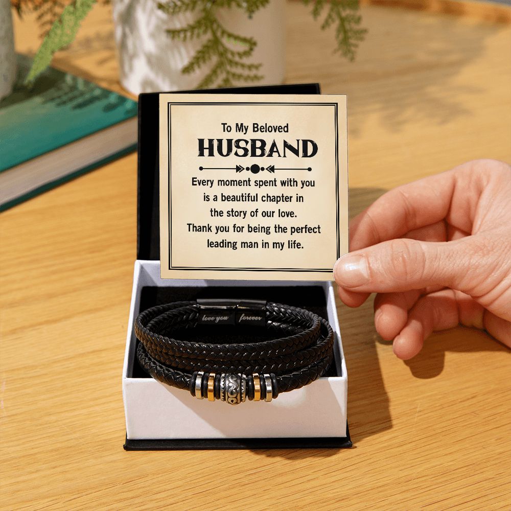 TO MY BELOVED HUSBAND, LOVE YOU FOREVER MEN'S BRACELET FOR HUSBAND, BIRTHDAY/ANNIVERSARY GIFT FOR HIM, BRACELET WITH ENGRAVED MESSAGE AND MESSAGE CARD FOR YOUR HUSBAND
