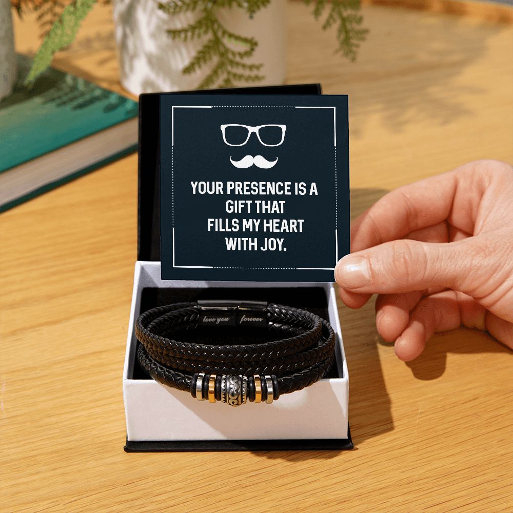 YOUR PRESENCE IS A GIFT THAT FILLS MY HEART WITH JOY, LOVE YOU FOREVER MEN'S BRACELET FOR DAD, FATHER'S DAY/ BIRTHDAY GIFT FOR HIM, BRACELET WITH MESSAGE CARD FOR YOUR FATHER