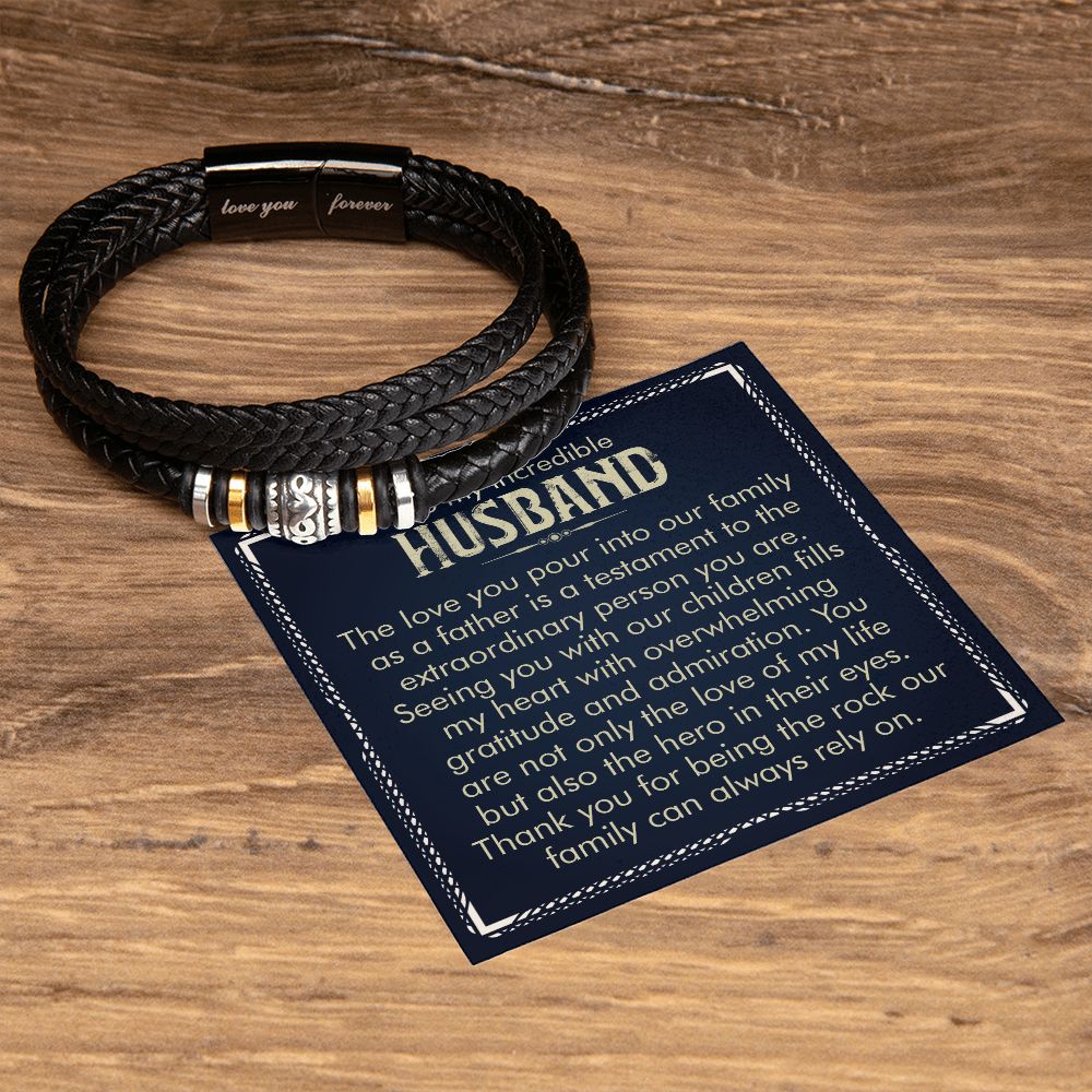 TO MY INCREDIBLE HUSBAND, LOVE YOU FOREVER MEN'S BRACELET FOR HUSBAND, BIRTHDAY/ANNIVERSARY GIFT FOR HIM, BRACELET WITH ENGRAVED MESSAGE AND MESSAGE CARD FOR YOUR HUSBAND
