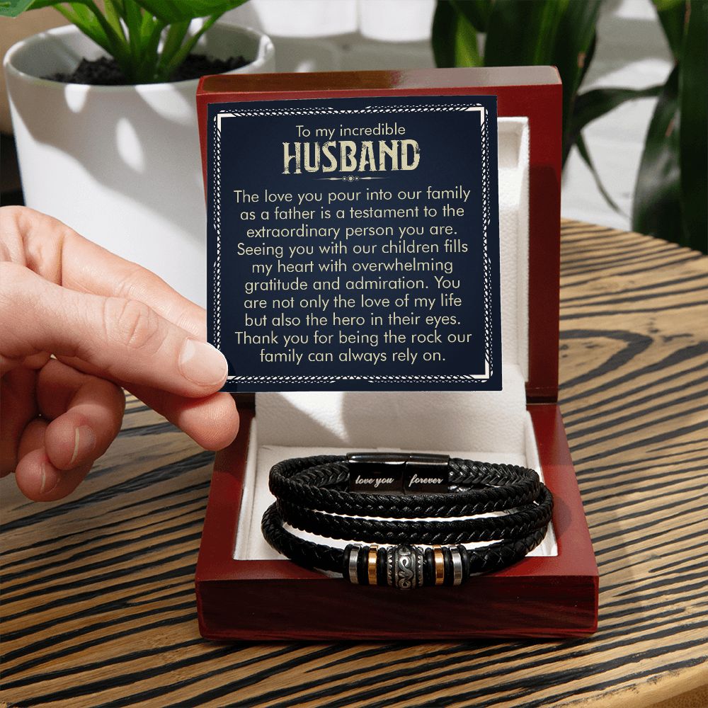 TO MY INCREDIBLE HUSBAND, LOVE YOU FOREVER MEN'S BRACELET FOR HUSBAND, BIRTHDAY/ANNIVERSARY GIFT FOR HIM, BRACELET WITH ENGRAVED MESSAGE AND MESSAGE CARD FOR YOUR HUSBAND