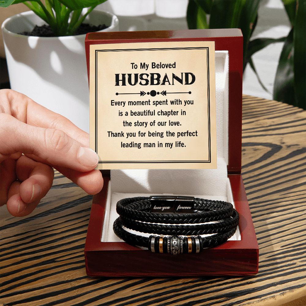 TO MY BELOVED HUSBAND, LOVE YOU FOREVER MEN'S BRACELET FOR HUSBAND, BIRTHDAY/ANNIVERSARY GIFT FOR HIM, BRACELET WITH ENGRAVED MESSAGE AND MESSAGE CARD FOR YOUR HUSBAND