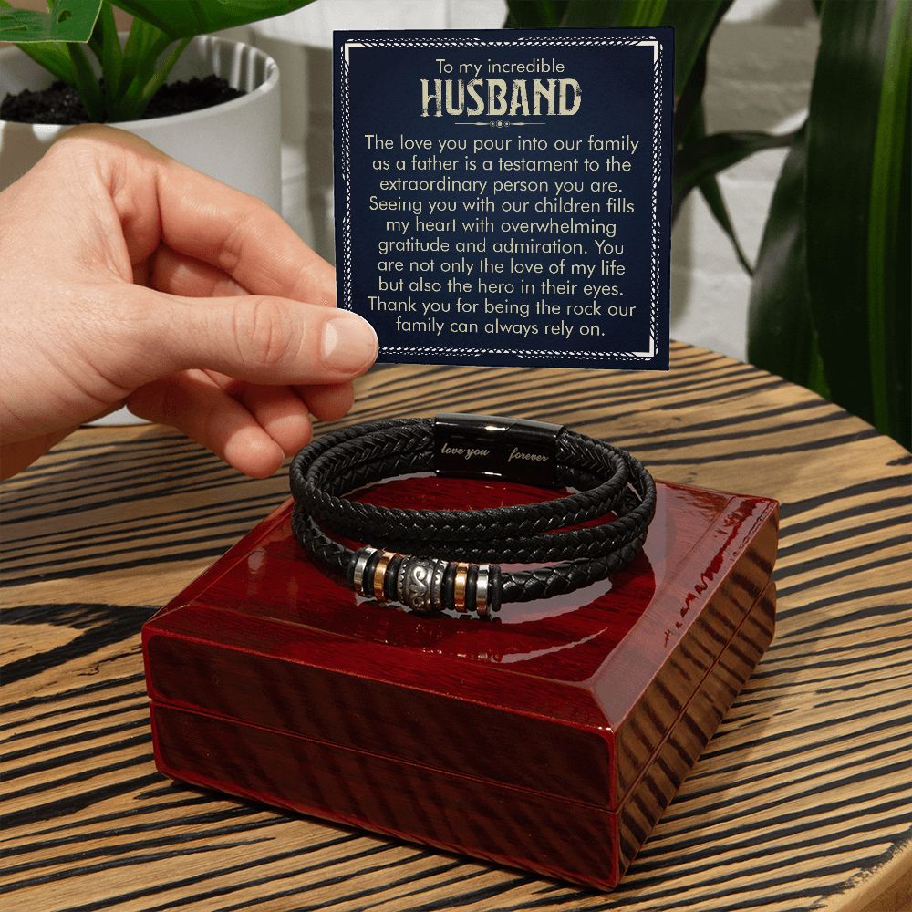 TO MY INCREDIBLE HUSBAND, LOVE YOU FOREVER MEN'S BRACELET FOR HUSBAND, BIRTHDAY/ANNIVERSARY GIFT FOR HIM, BRACELET WITH ENGRAVED MESSAGE AND MESSAGE CARD FOR YOUR HUSBAND