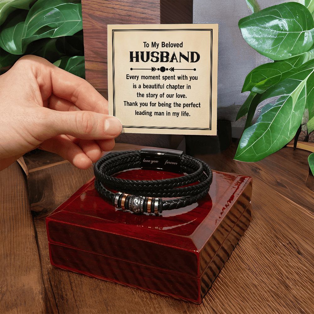 TO MY BELOVED HUSBAND, LOVE YOU FOREVER MEN'S BRACELET FOR HUSBAND, BIRTHDAY/ANNIVERSARY GIFT FOR HIM, BRACELET WITH ENGRAVED MESSAGE AND MESSAGE CARD FOR YOUR HUSBAND