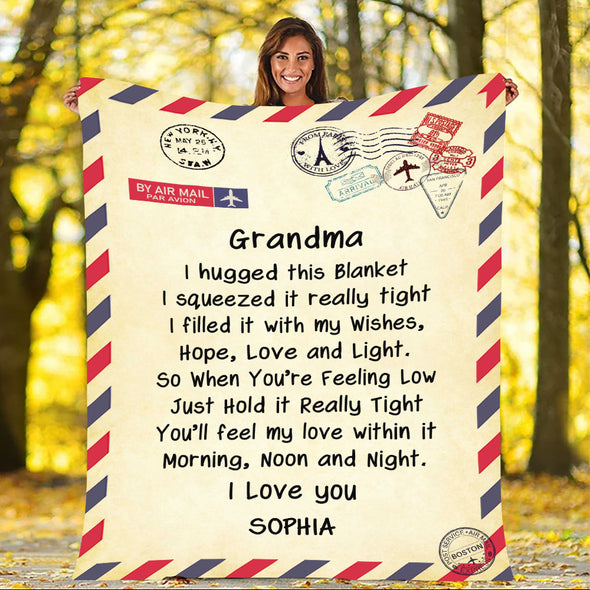Personalized Postcard Message Blanket For Grandma/Mom/Grandpa/Papa - Customized With Your Nick (Mom, Mimi, Gigi etc.) & Grand Kids/Kids Names