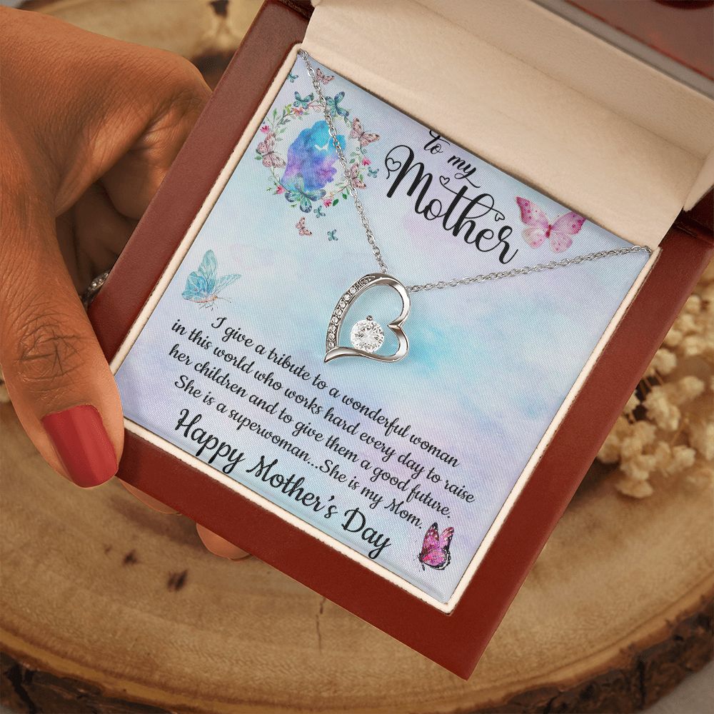 SHE IS A SUPERWOMAN, SHE IS MY MOM, FOREVER LOVE NECKLACE FOR MOM, NECKLACE WITH MESSAGE CARD, BIRTHDAY, MOTHER'S DAY GIFT FOR HER