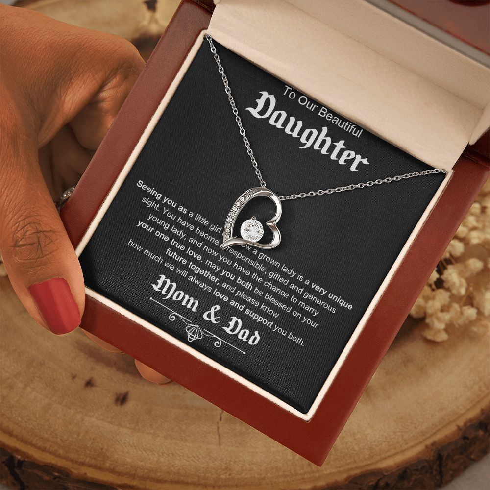 TO OUR BEAUTIFUL DAUGHTER, FOREVER LOVE NECKLACE WITH MESSAGE CARD, FROM MOM AND DAD, BIRTHDAY AND DAUGHTERS DAY GIFT FOR HER