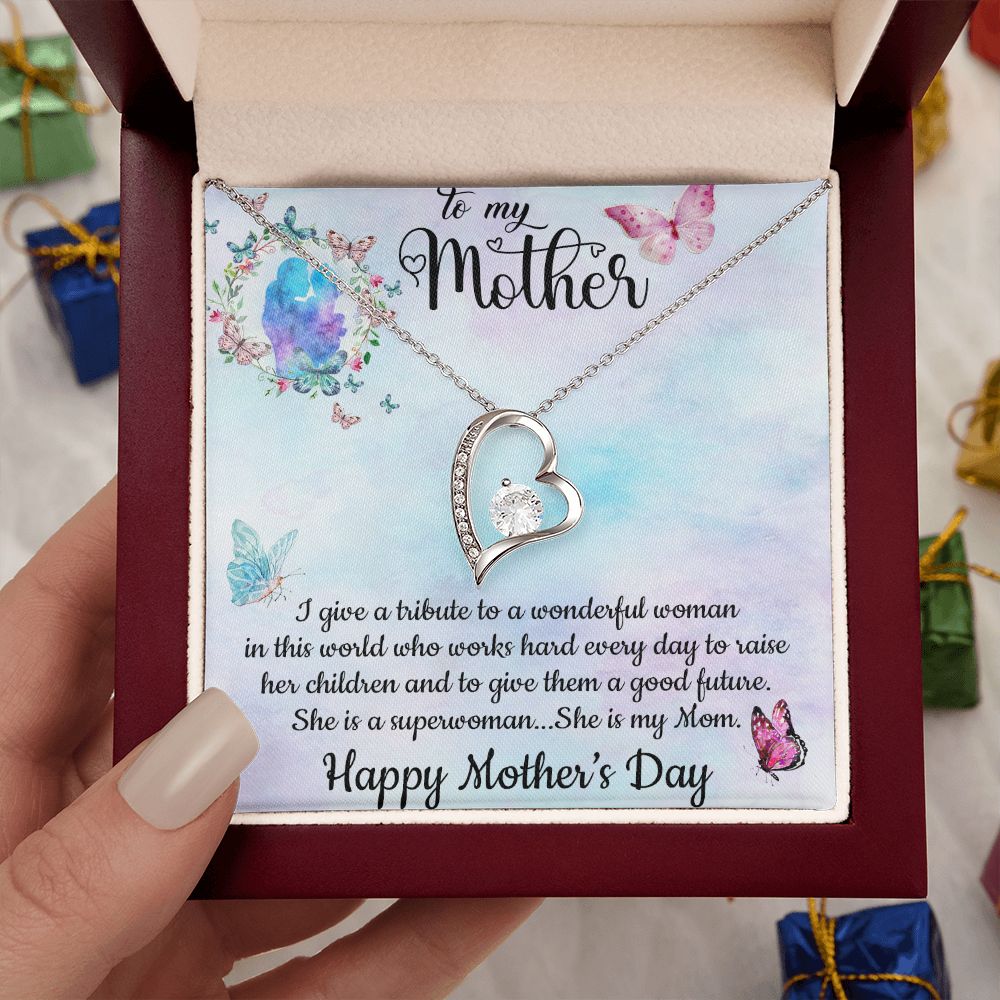 SHE IS A SUPERWOMAN, SHE IS MY MOM, FOREVER LOVE NECKLACE FOR MOM, NECKLACE WITH MESSAGE CARD, BIRTHDAY, MOTHER'S DAY GIFT FOR HER