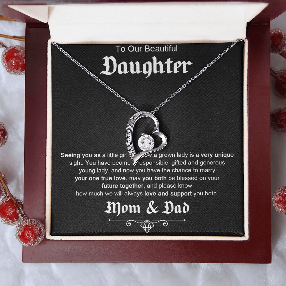 TO OUR BEAUTIFUL DAUGHTER, FOREVER LOVE NECKLACE WITH MESSAGE CARD, FROM MOM AND DAD, BIRTHDAY AND DAUGHTERS DAY GIFT FOR HER