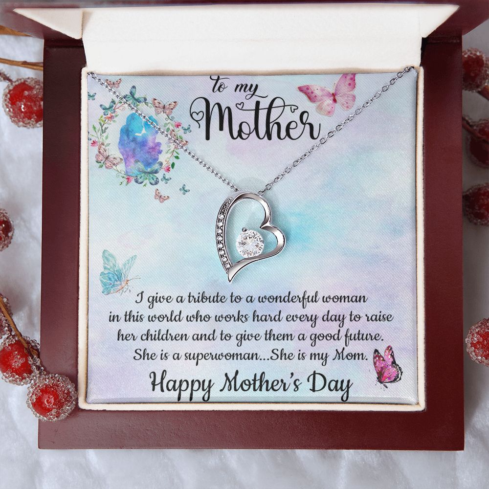 SHE IS A SUPERWOMAN, SHE IS MY MOM, FOREVER LOVE NECKLACE FOR MOM, NECKLACE WITH MESSAGE CARD, BIRTHDAY, MOTHER'S DAY GIFT FOR HER