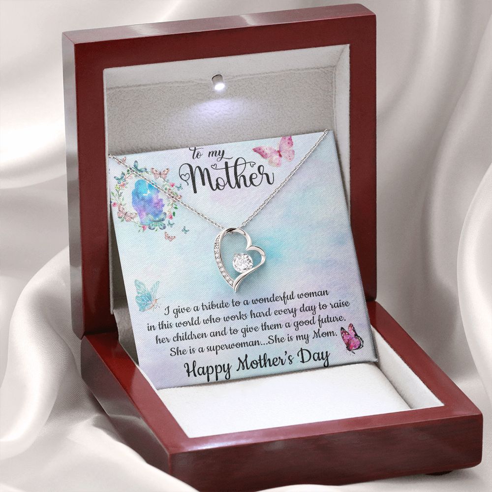 SHE IS A SUPERWOMAN, SHE IS MY MOM, FOREVER LOVE NECKLACE FOR MOM, NECKLACE WITH MESSAGE CARD, BIRTHDAY, MOTHER'S DAY GIFT FOR HER
