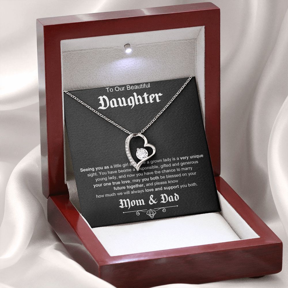 TO OUR BEAUTIFUL DAUGHTER, FOREVER LOVE NECKLACE WITH MESSAGE CARD, FROM MOM AND DAD, BIRTHDAY AND DAUGHTERS DAY GIFT FOR HER