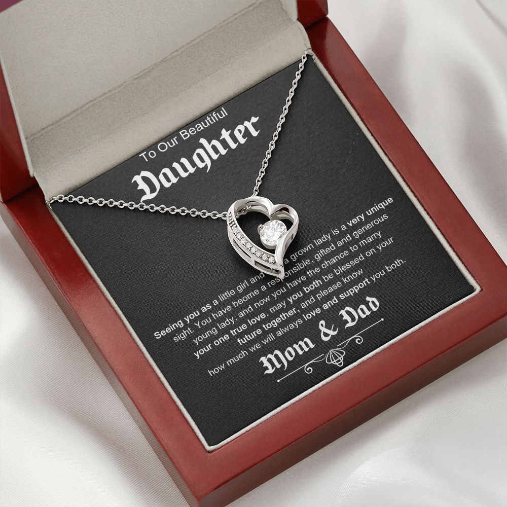 TO OUR BEAUTIFUL DAUGHTER, FOREVER LOVE NECKLACE WITH MESSAGE CARD, FROM MOM AND DAD, BIRTHDAY AND DAUGHTERS DAY GIFT FOR HER