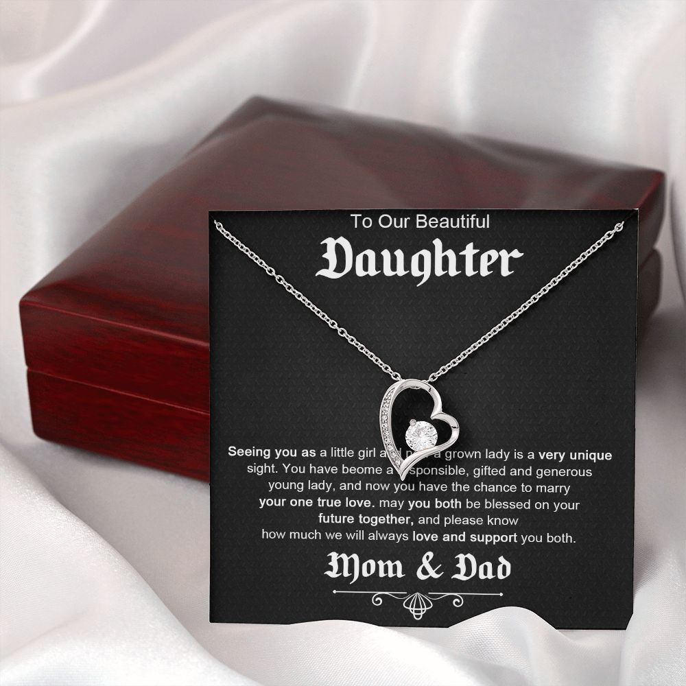 TO OUR BEAUTIFUL DAUGHTER, FOREVER LOVE NECKLACE WITH MESSAGE CARD, FROM MOM AND DAD, BIRTHDAY AND DAUGHTERS DAY GIFT FOR HER