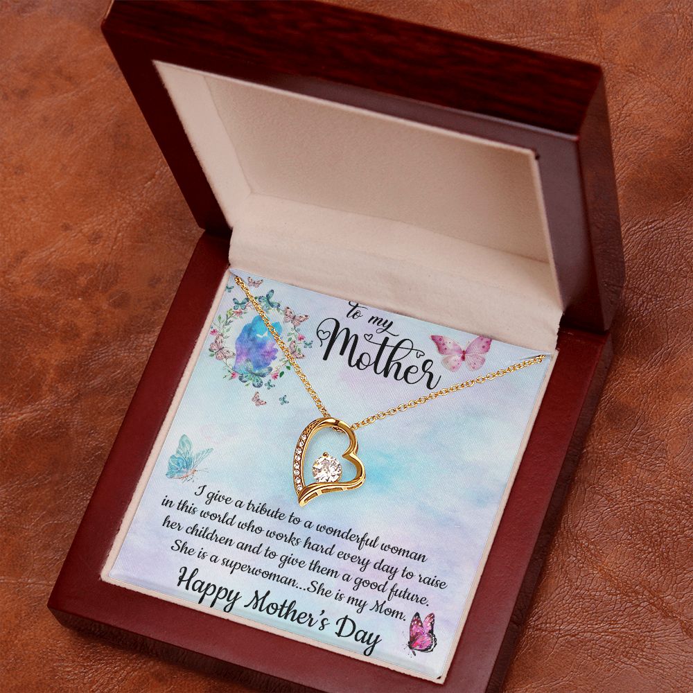 SHE IS A SUPERWOMAN, SHE IS MY MOM, FOREVER LOVE NECKLACE FOR MOM, NECKLACE WITH MESSAGE CARD, BIRTHDAY, MOTHER'S DAY GIFT FOR HER