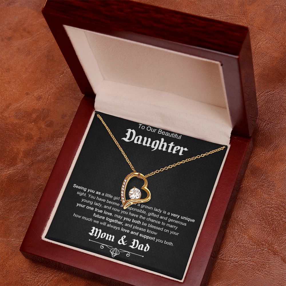 TO OUR BEAUTIFUL DAUGHTER, FOREVER LOVE NECKLACE WITH MESSAGE CARD, FROM MOM AND DAD, BIRTHDAY AND DAUGHTERS DAY GIFT FOR HER