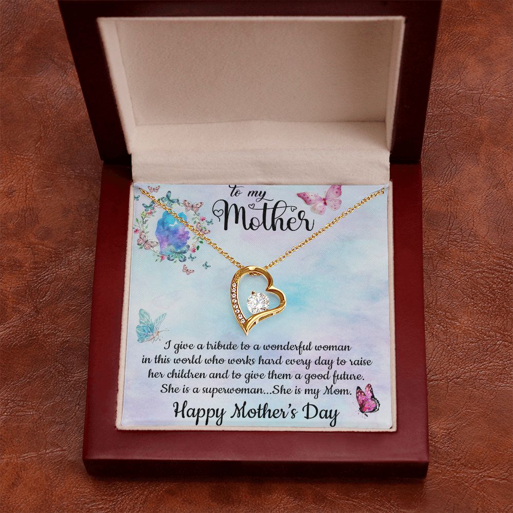 SHE IS A SUPERWOMAN, SHE IS MY MOM, FOREVER LOVE NECKLACE FOR MOM, NECKLACE WITH MESSAGE CARD, BIRTHDAY, MOTHER'S DAY GIFT FOR HER