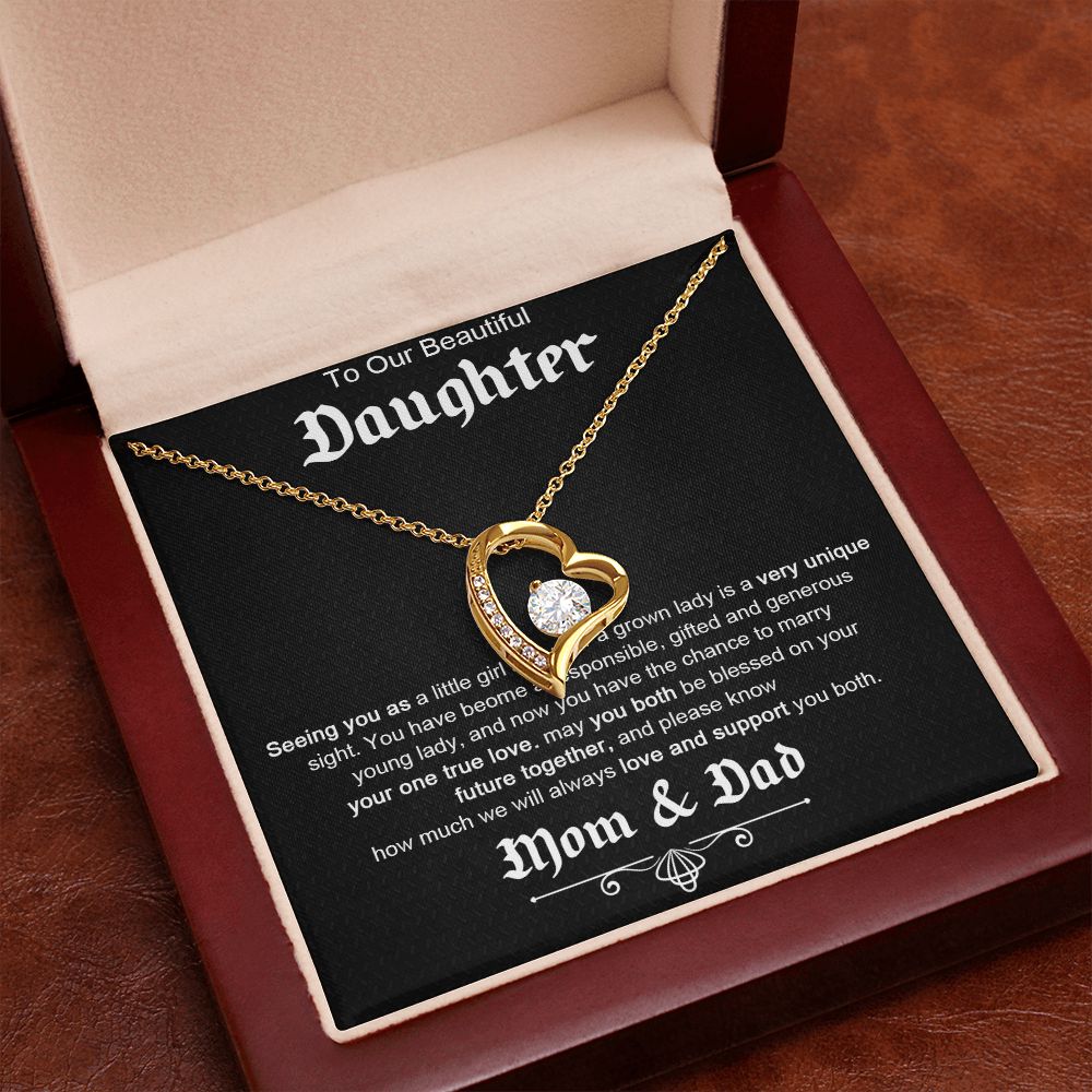TO OUR BEAUTIFUL DAUGHTER, FOREVER LOVE NECKLACE WITH MESSAGE CARD, FROM MOM AND DAD, BIRTHDAY AND DAUGHTERS DAY GIFT FOR HER