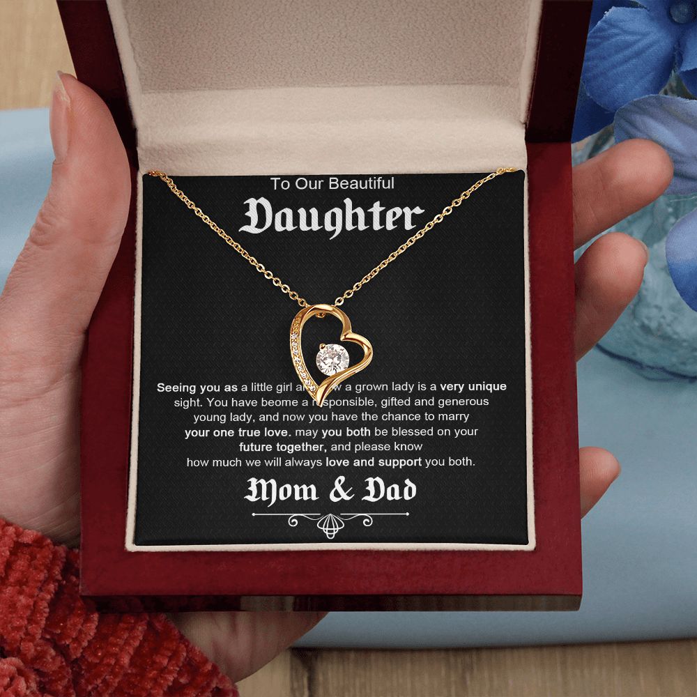 TO OUR BEAUTIFUL DAUGHTER, FOREVER LOVE NECKLACE WITH MESSAGE CARD, FROM MOM AND DAD, BIRTHDAY AND DAUGHTERS DAY GIFT FOR HER