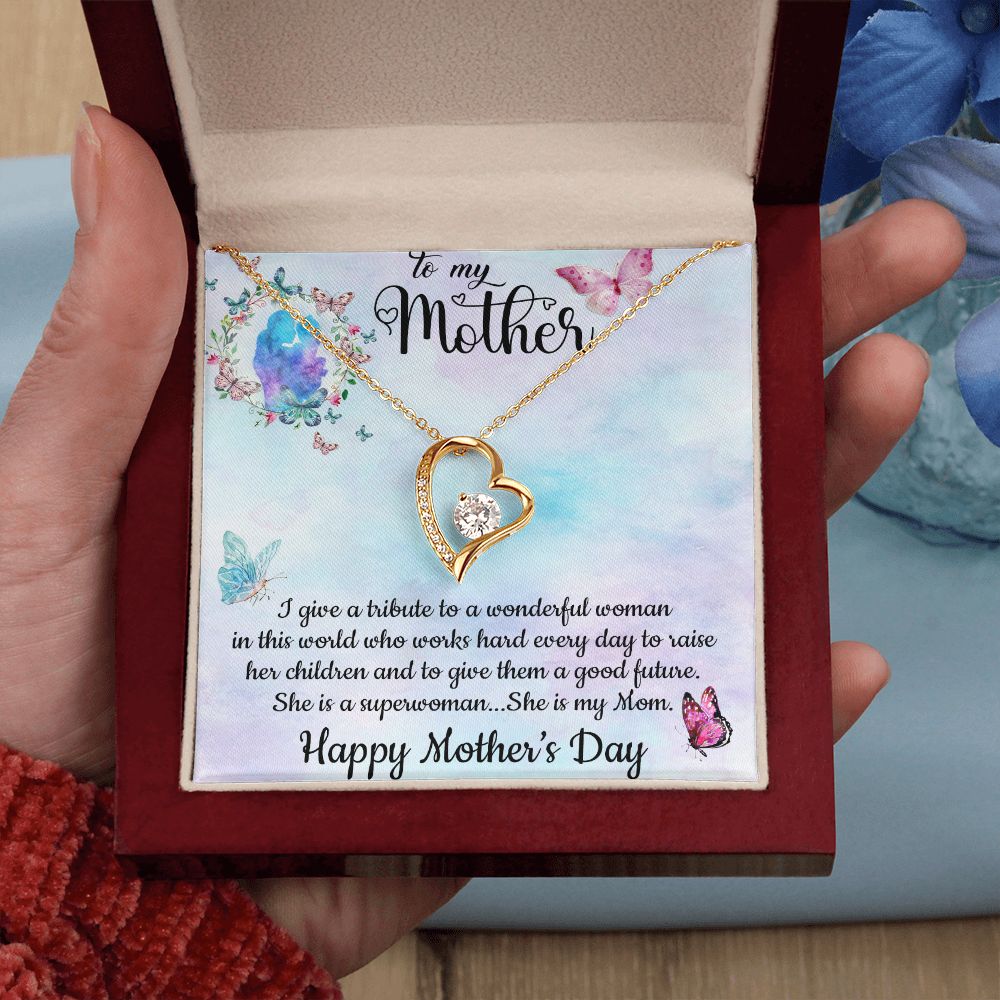 SHE IS A SUPERWOMAN, SHE IS MY MOM, FOREVER LOVE NECKLACE FOR MOM, NECKLACE WITH MESSAGE CARD, BIRTHDAY, MOTHER'S DAY GIFT FOR HER