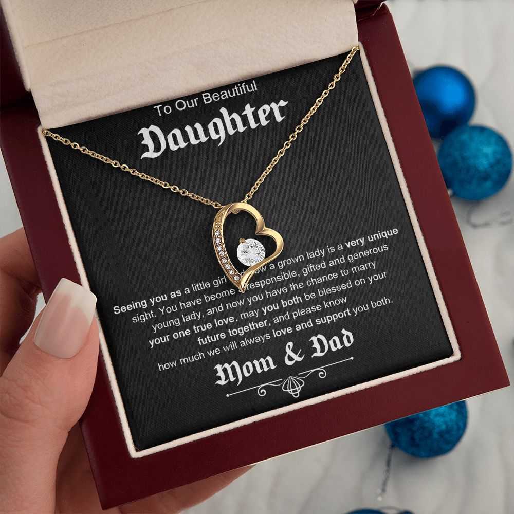TO OUR BEAUTIFUL DAUGHTER, FOREVER LOVE NECKLACE WITH MESSAGE CARD, FROM MOM AND DAD, BIRTHDAY AND DAUGHTERS DAY GIFT FOR HER