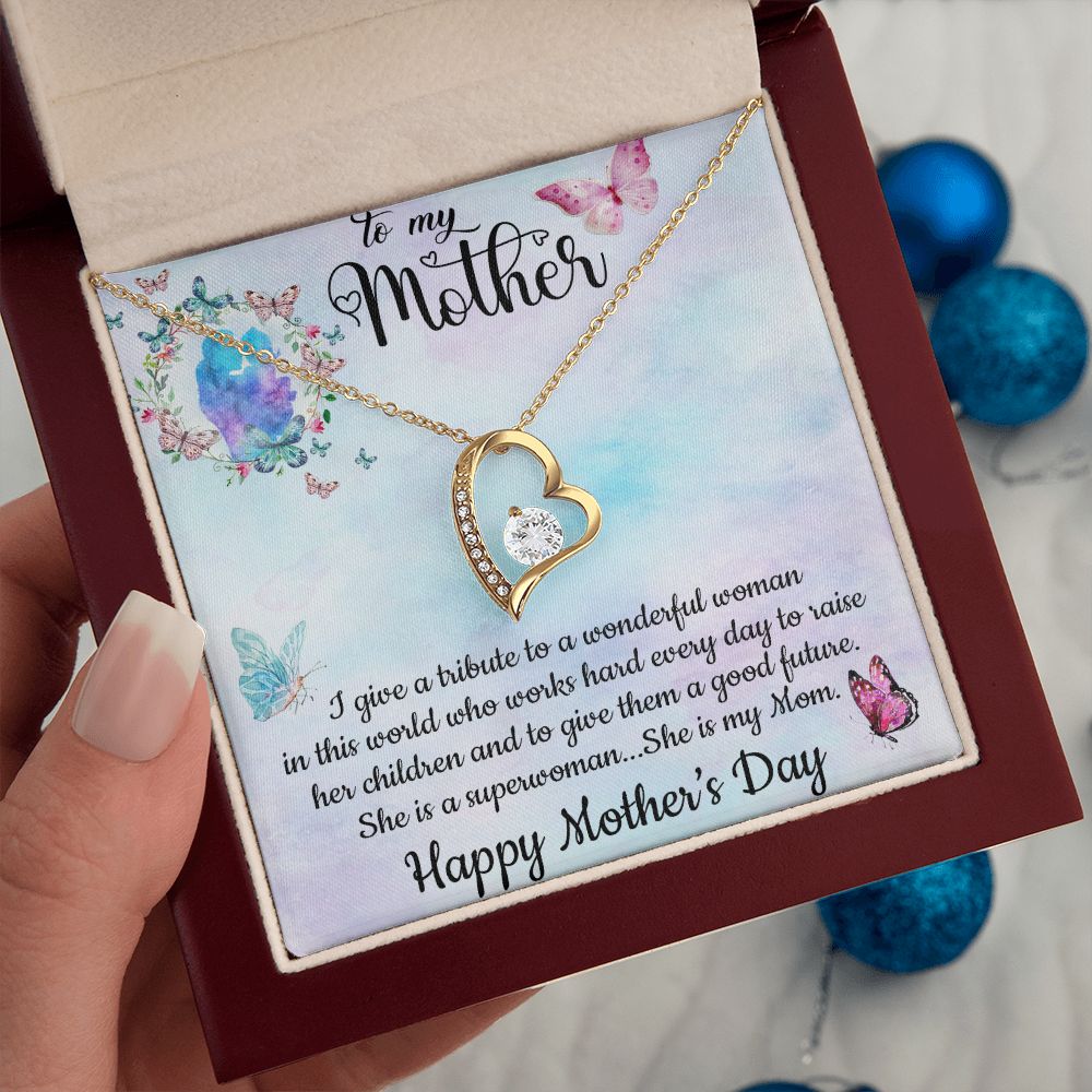 SHE IS A SUPERWOMAN, SHE IS MY MOM, FOREVER LOVE NECKLACE FOR MOM, NECKLACE WITH MESSAGE CARD, BIRTHDAY, MOTHER'S DAY GIFT FOR HER