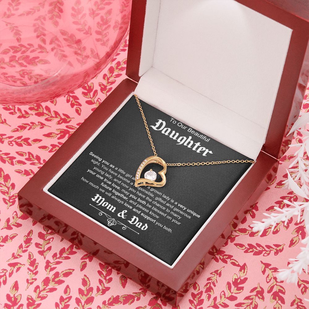 TO OUR BEAUTIFUL DAUGHTER, FOREVER LOVE NECKLACE WITH MESSAGE CARD, FROM MOM AND DAD, BIRTHDAY AND DAUGHTERS DAY GIFT FOR HER