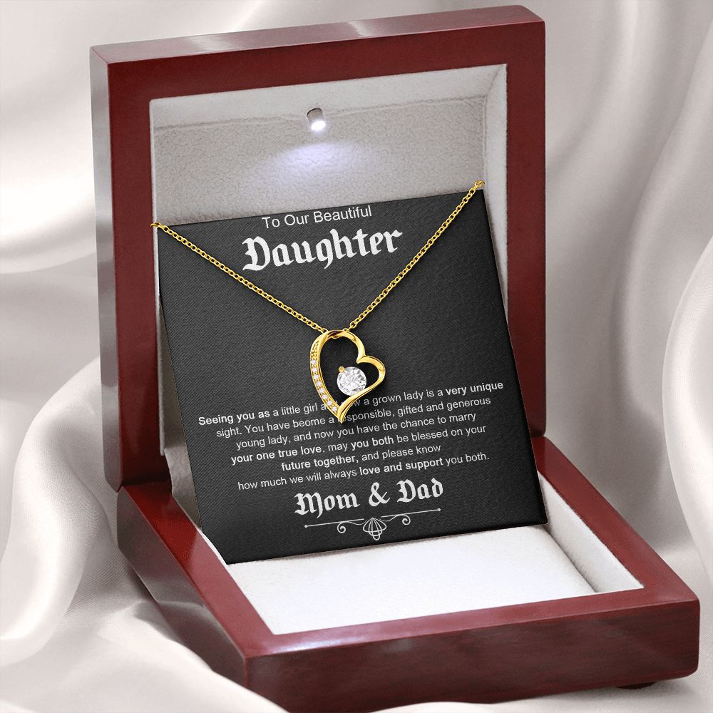TO OUR BEAUTIFUL DAUGHTER, FOREVER LOVE NECKLACE WITH MESSAGE CARD, FROM MOM AND DAD, BIRTHDAY AND DAUGHTERS DAY GIFT FOR HER