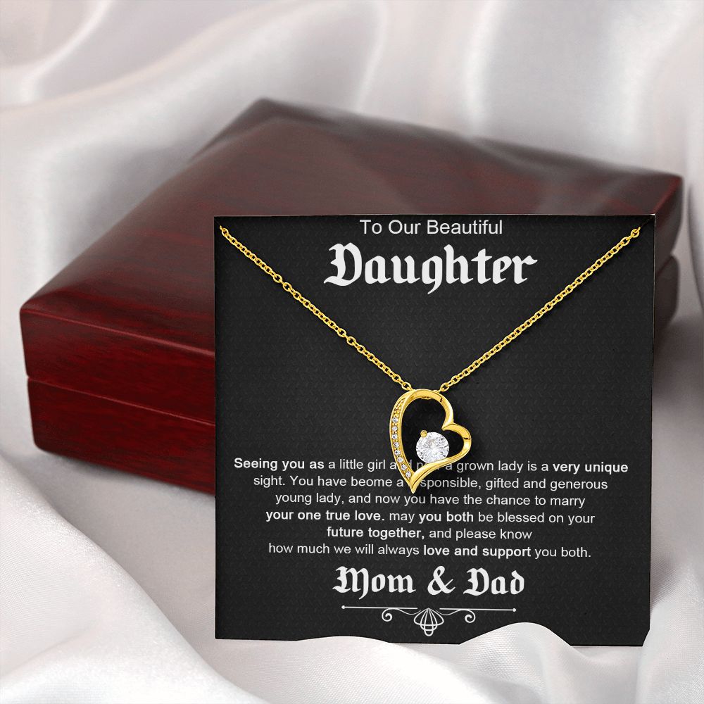 TO OUR BEAUTIFUL DAUGHTER, FOREVER LOVE NECKLACE WITH MESSAGE CARD, FROM MOM AND DAD, BIRTHDAY AND DAUGHTERS DAY GIFT FOR HER