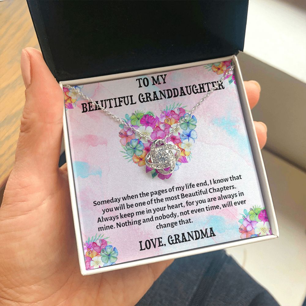 TO MY BEAUTIFUL GRANDDAUGHTER, LOVE KNOT NECKLACE WITH MESSAGE CARD FOR GRANDDAUGHTER, BIRTHDAY GIFT FOR HER, FROM GRANDMA