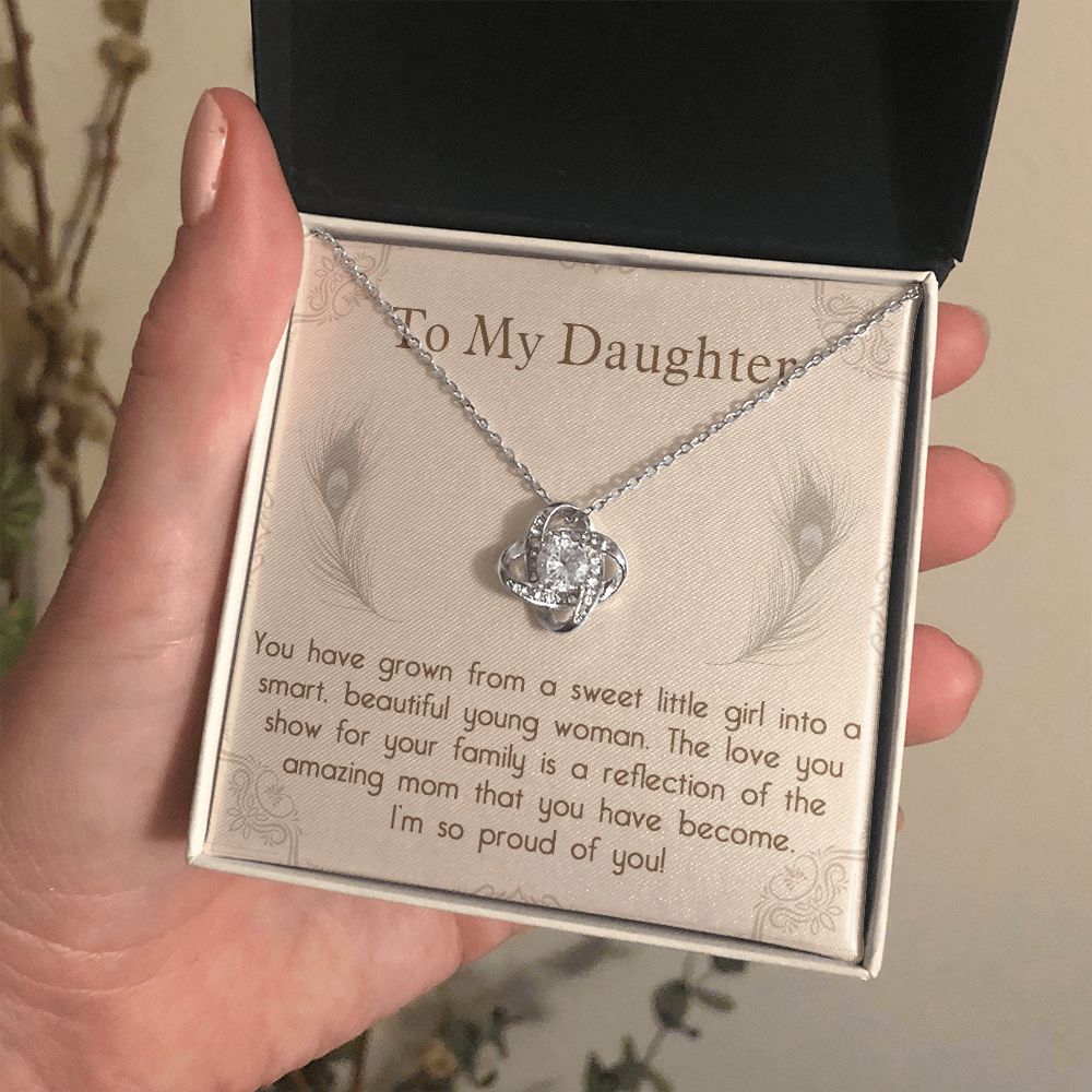 TO MY DAUGHTER, LOVE KNOT NECKLACE WITH MESSAGE CARD, BIRTHDAY AND DAUGHTERS DAY GIFT FOR HER