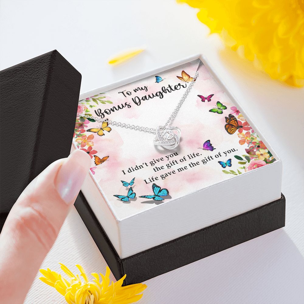 TO MY BONUS DAUGHTER, LOVE KNOT NECKLACE WITH MESSAGE CARD, BIRTHDAY AND DAUGHTERS DAY GIFT FOR HER