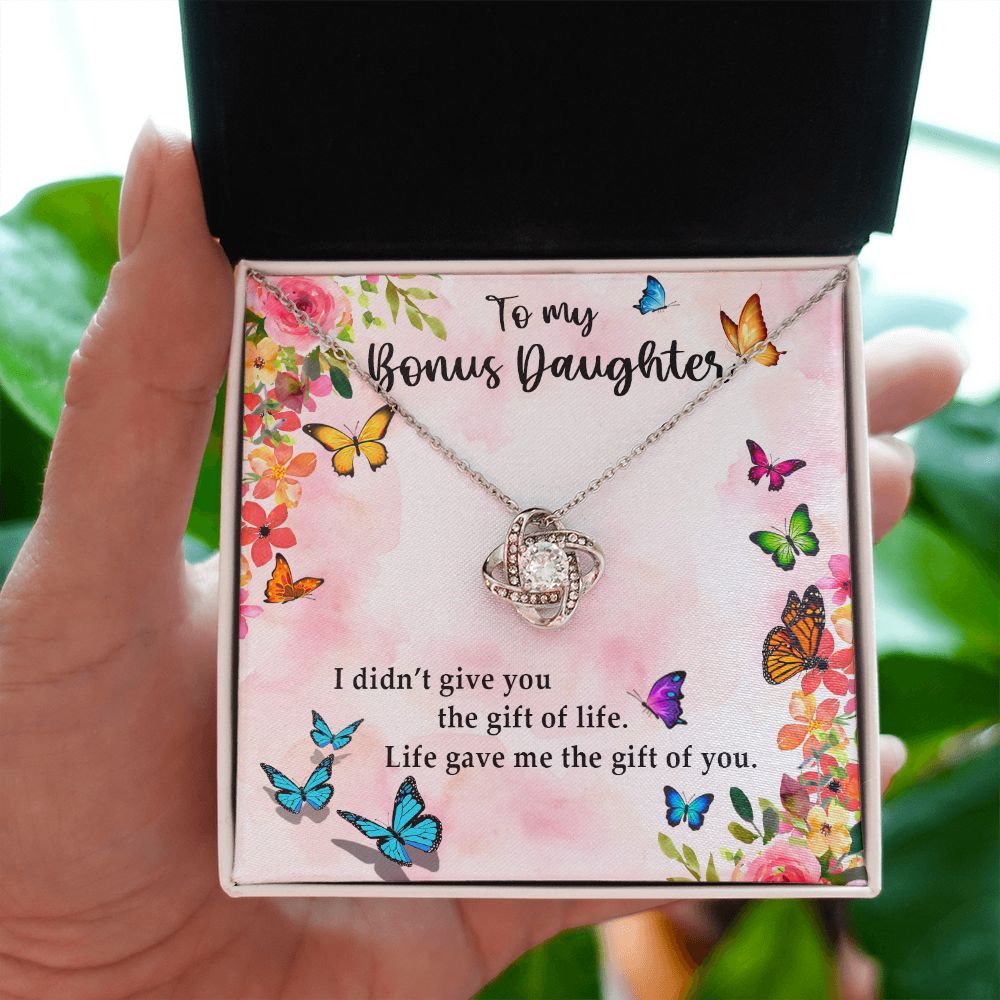 TO MY BONUS DAUGHTER, LOVE KNOT NECKLACE WITH MESSAGE CARD, BIRTHDAY AND DAUGHTERS DAY GIFT FOR HER