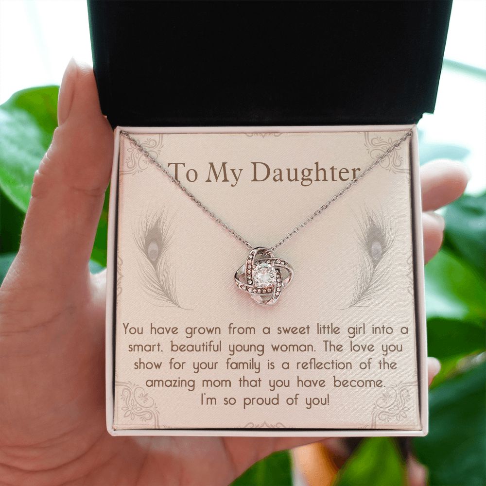 TO MY DAUGHTER, LOVE KNOT NECKLACE WITH MESSAGE CARD, BIRTHDAY AND DAUGHTERS DAY GIFT FOR HER