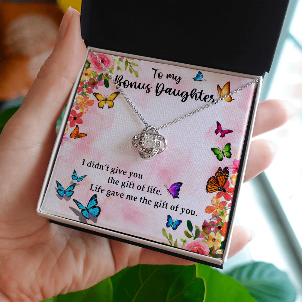 TO MY BONUS DAUGHTER, LOVE KNOT NECKLACE WITH MESSAGE CARD, BIRTHDAY AND DAUGHTERS DAY GIFT FOR HER
