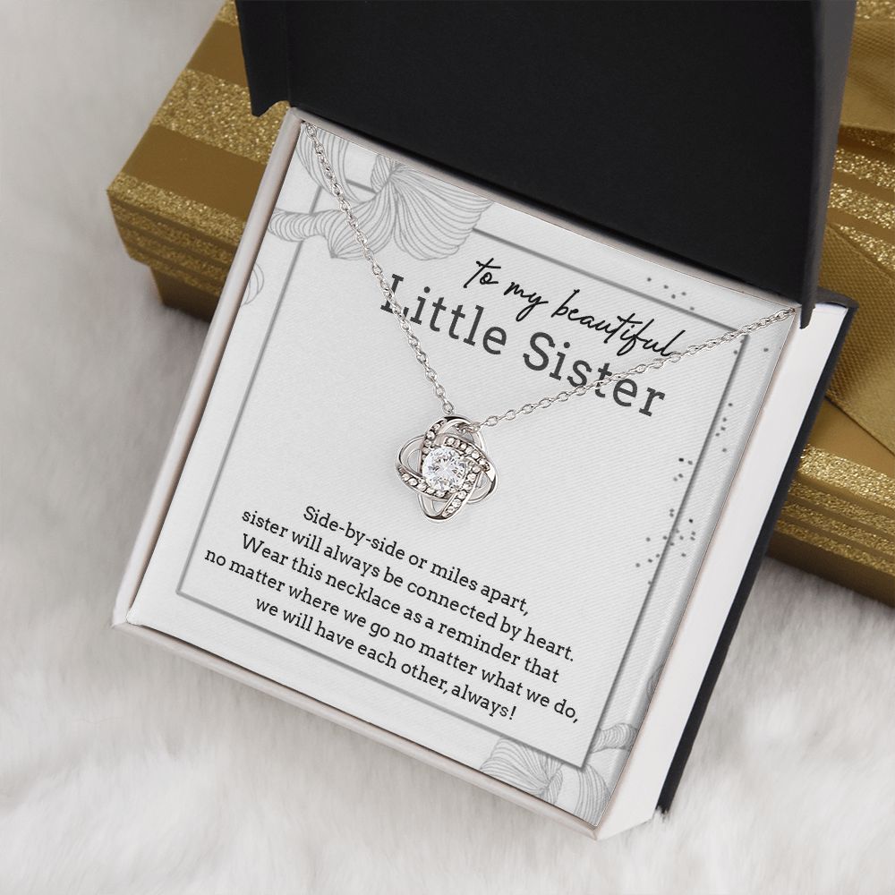 TO MY BEAUTIFUL LITTLE SISTER, LOVE KNOT NECKLACE FOR SISTER, FOREVER BEST FRIEND, BFF, BIRTHDAY/ FRIENDSHIP DAY GIFT FOR HER