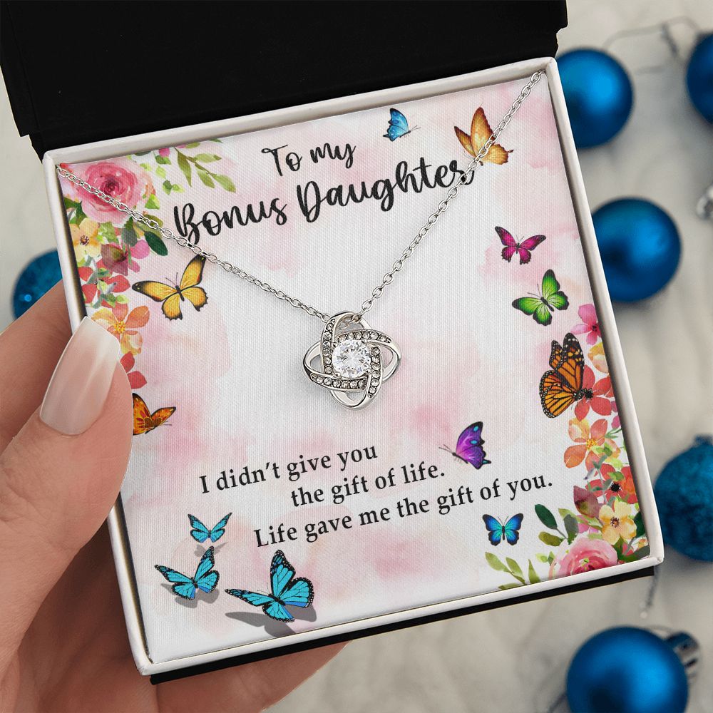 TO MY BONUS DAUGHTER, LOVE KNOT NECKLACE WITH MESSAGE CARD, BIRTHDAY AND DAUGHTERS DAY GIFT FOR HER